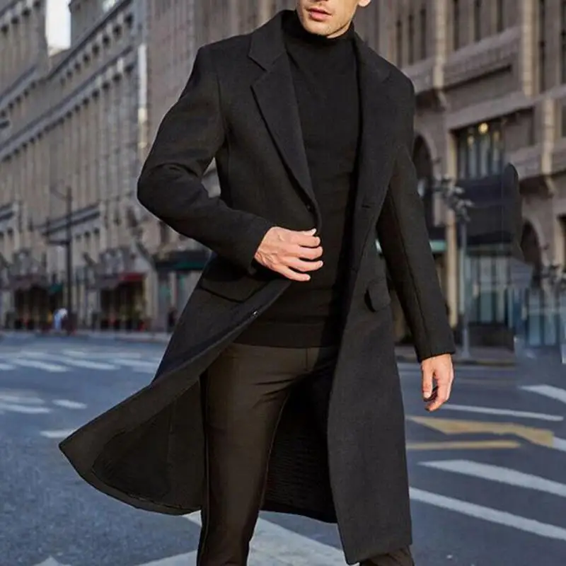 Autumn Winter Mens Wool Coat Solid Long Sleeve Woolen Jackets Fleece Men Overcoat Streetwear Fashion Long Trench Coat Outerwear