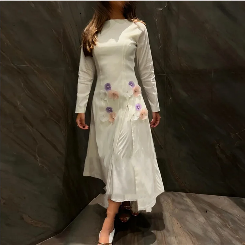 Vestidos de flores personalizados, Vestidos de graduación con cuello redondo, manga larga, fiesta de graduación, vestido de fiesta con cremallera en la espalda, Vestidos de noche