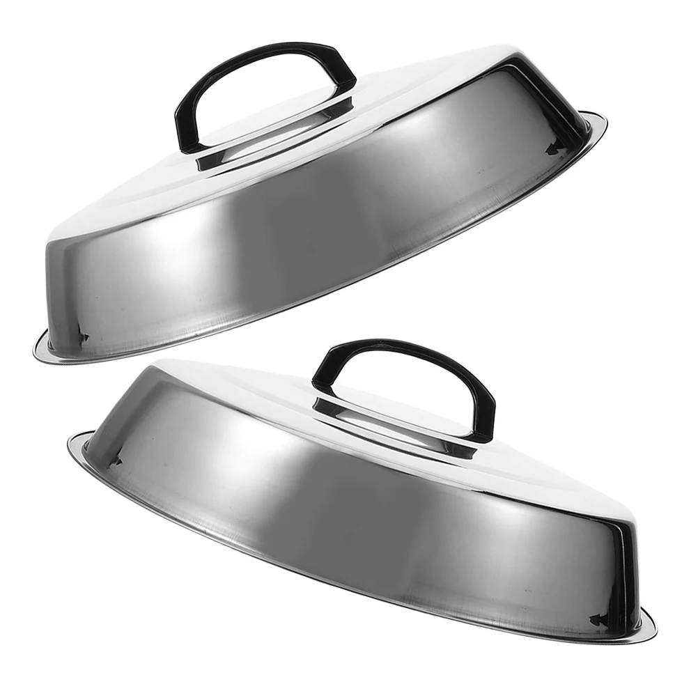 

2pcs BBQ Steak Covers High Dome Stainless Steel Warm Plate Lid Cheese Melting Griddle Skillets Metal Flat Grill Cover
