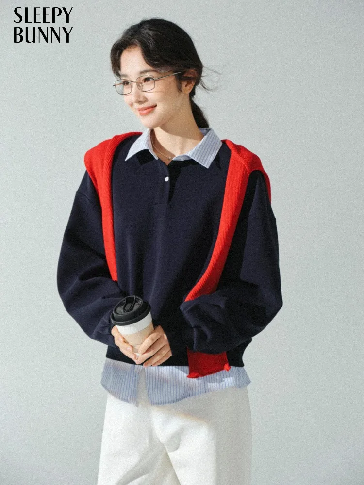 

Винтажный свитшот-поло, женский искусственный многослойный топ из двух предметов, осенний повседневный пуловер, толстовка с длинными рукавами в консервативном стиле для повседневной носки