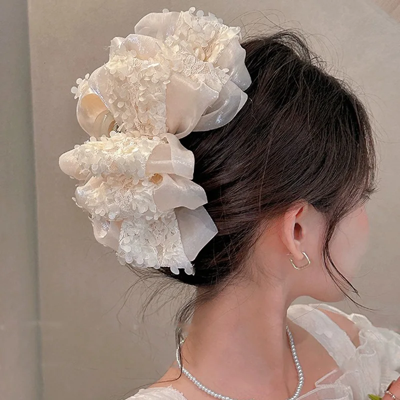 

1Pc hair accessories women bow large premium multi-layer grab clip elegant mesh suitable for dating