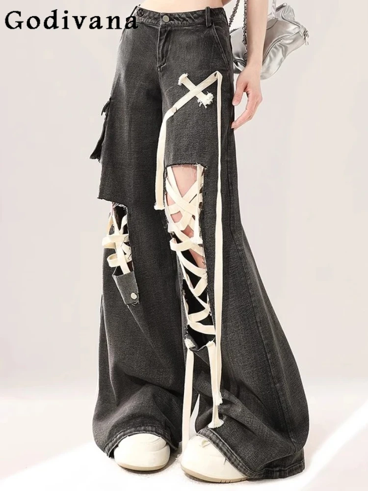 

Large Size Female Spring Summer Personality Black Lace-up Ripped Jeans High Waist Versatile Wide-leg Punk Floor-mopping Trousers