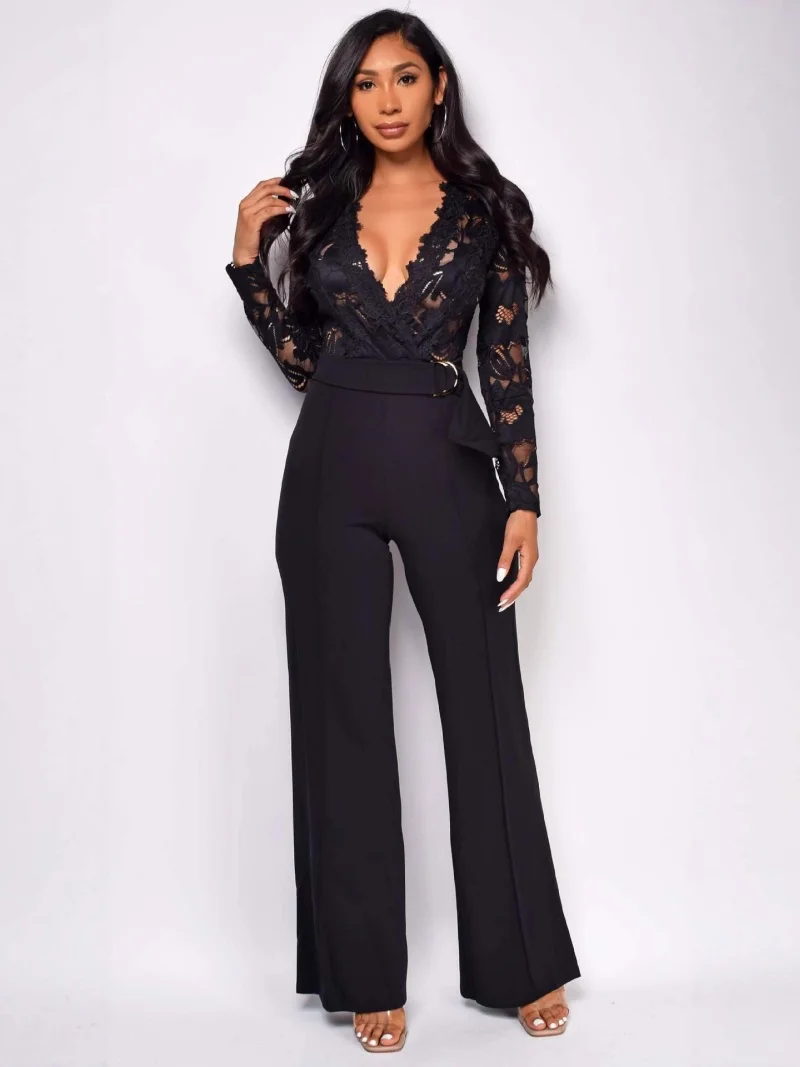 

Уличная одежда, кружевные лоскутные комбинезоны, осенняя одежда, женские прямые брюки с длинными рукавами, комбинезоны, цельные комбинезоны, наряд