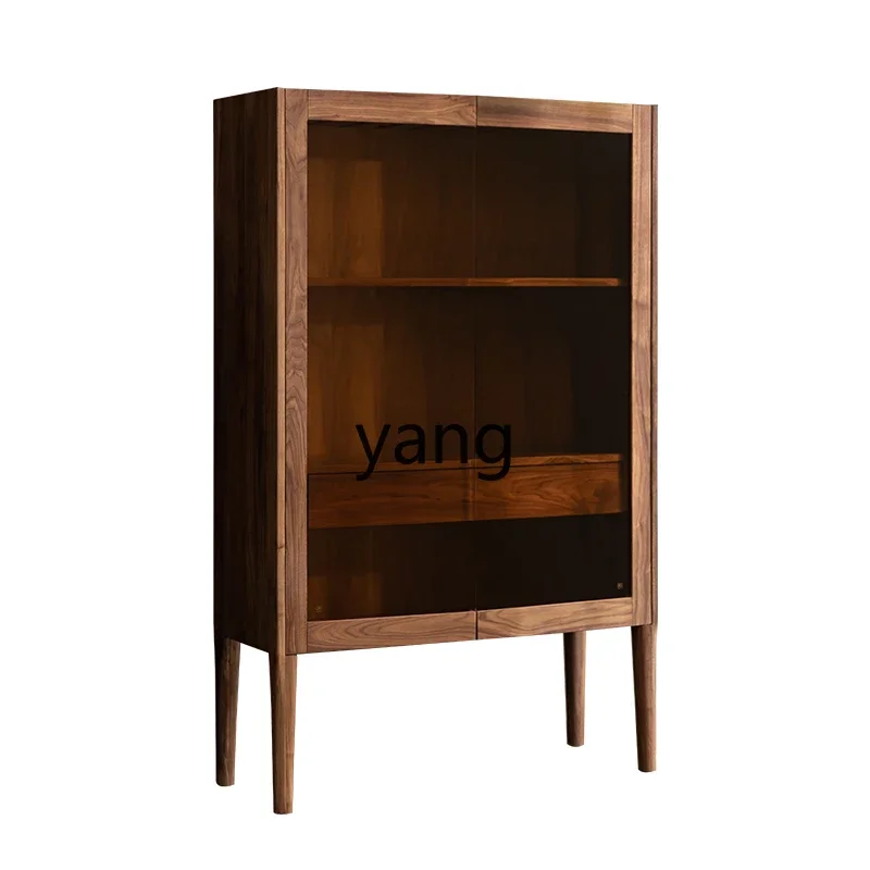LT Modern Light Luxury Black Walnut Wine Cabinet Living Room Wall Solid Wood Glass Double Door Partition Display Cabinet