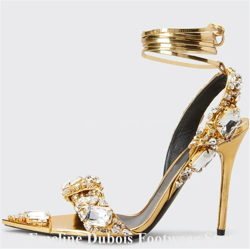 Luxurious Diamonds Sandals Emeline Dubois Pointed Crystals Toe Gold Silver Stiletto Heel Dress Shoes Ankle Lace-up Wedding Heels