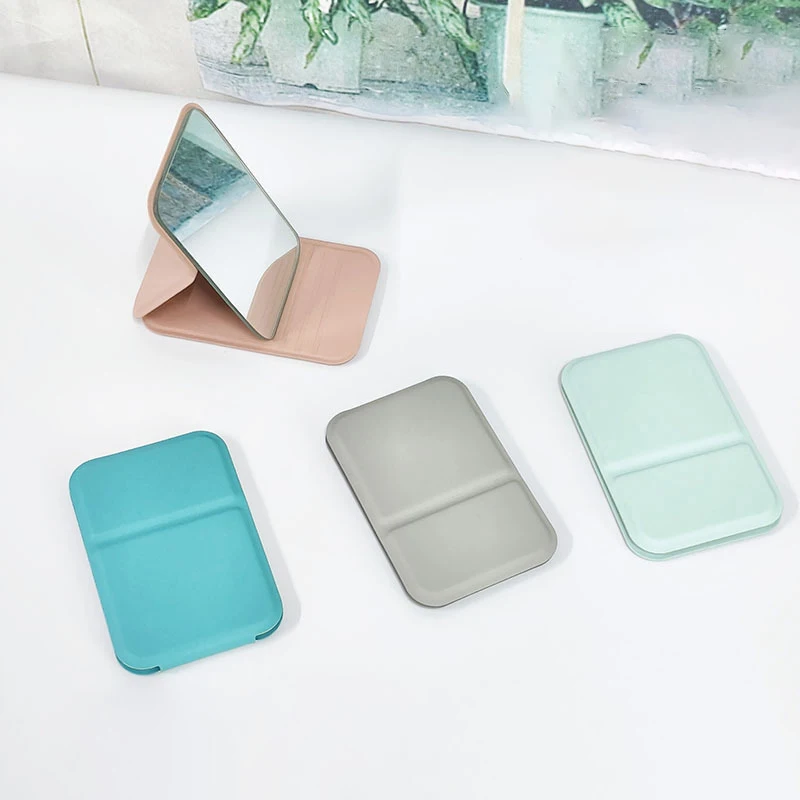 Desktop Makeup Mirror Solid Color PU Leather Simple Portable Handheld Makeup Mirror Foldable Student Compact Cute Pocket Mirror