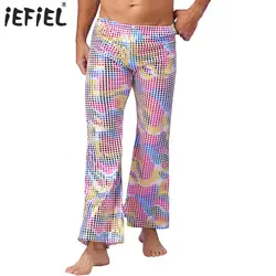 Mens Shiny Sequins Long Pants DJ Party Trousers Disco Jazz Dance Performance Costumes Elastic Waistband Flared Pants