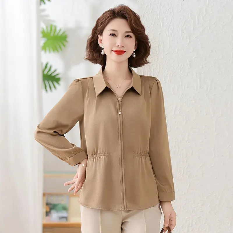 

Элегантная женская блузка для женщин среднего возраста с воротником, длинным рукавом, приталенная, с драпировкой на талии, повседневная рубашка для мам
