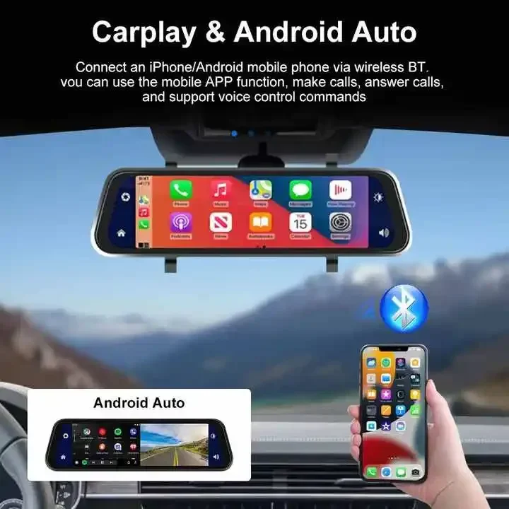 

2025 9.66-inch IPS touch screen streaming media car rearview mirror DVR front and rearview mirror wireless Carplay