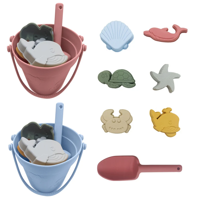 8Pcs Kids Beach Toys Sand Play Silicone Bucket Shovel Children Outdoor Sandbox Set Cartoon Digging Sand Snow Toy Tools for Baby