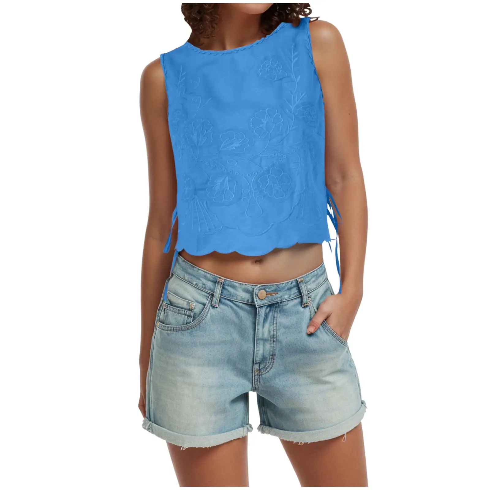 

Женские летние майки и майки, повседневные модные майки с цветочной вышивкой, жилет без рукавов с круглым вырезом Y2k, укороченные топы на шнуровке сбоку