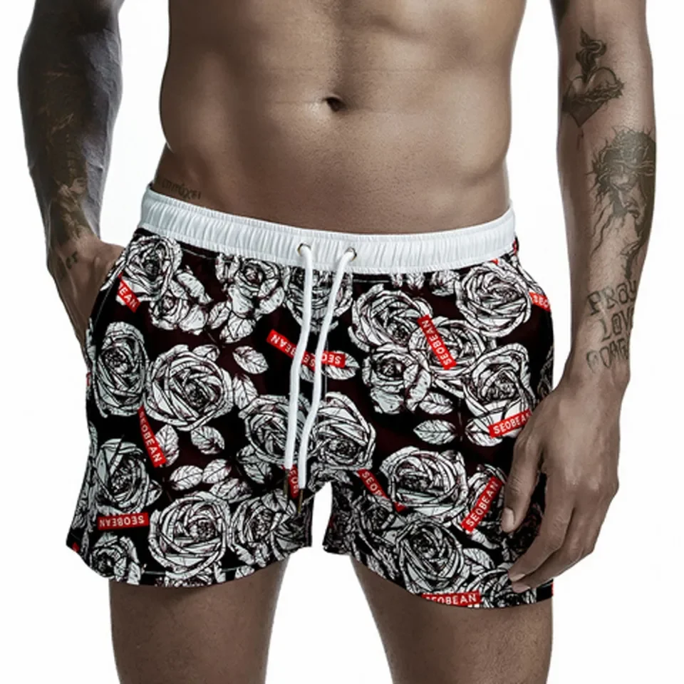 Men Quick Dry Board Shorts With Pockets Men'S Spring And Summer Leisure Resort Party Print Lace Up Beach Mini Shorts Man