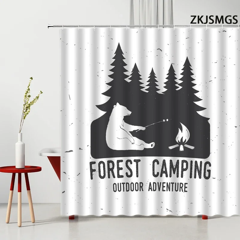 Funny Camper Shower Curtain Bear Camping Trailer Rv Tent Campfire in Forest Camp Bathroom Curtain Fabric Camping Shower Curtains