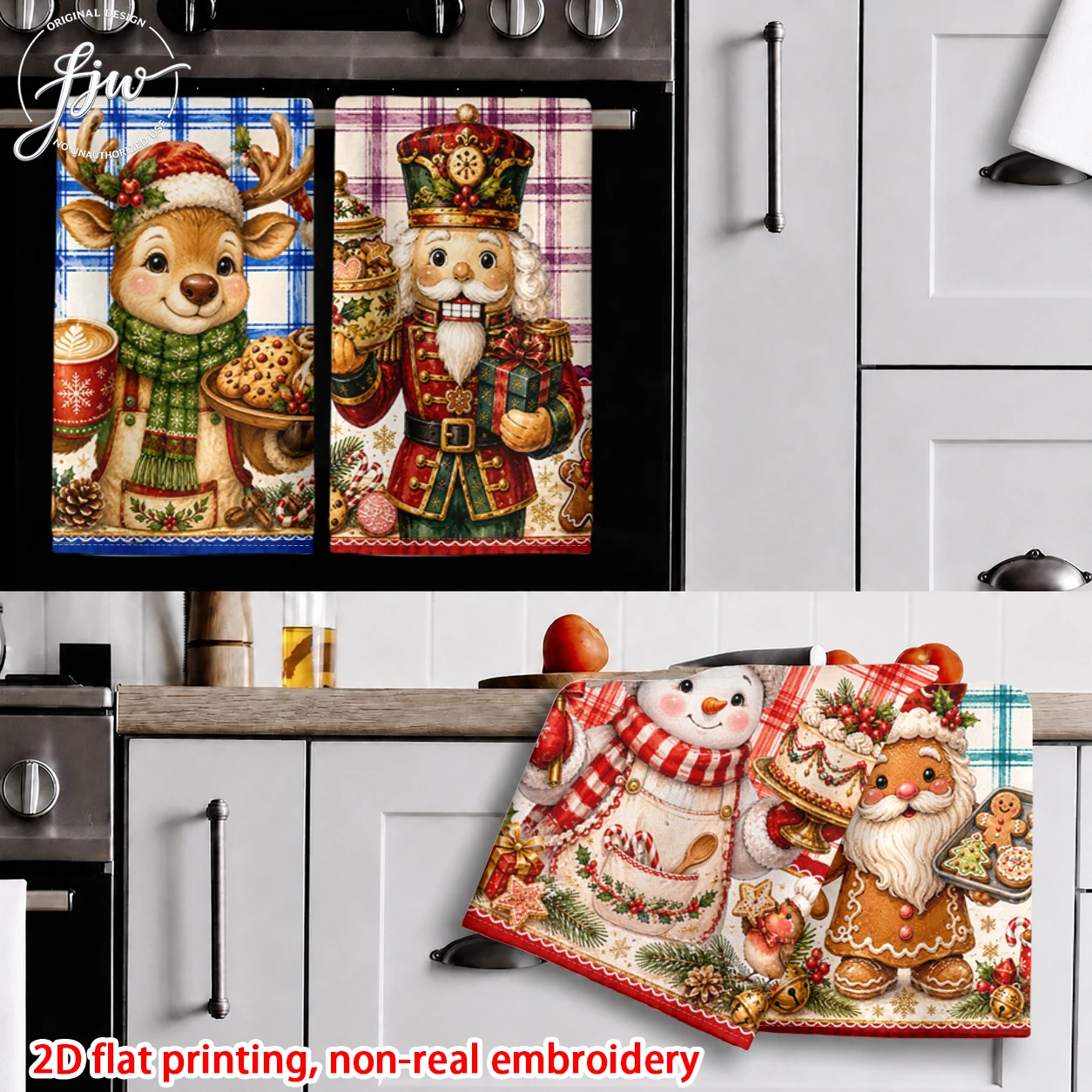 6pcVintage Christmas Kitchen Towels  Cute Nutcracker Reindeer Snowman Xmas Dish Towels for Holiday Home Decor