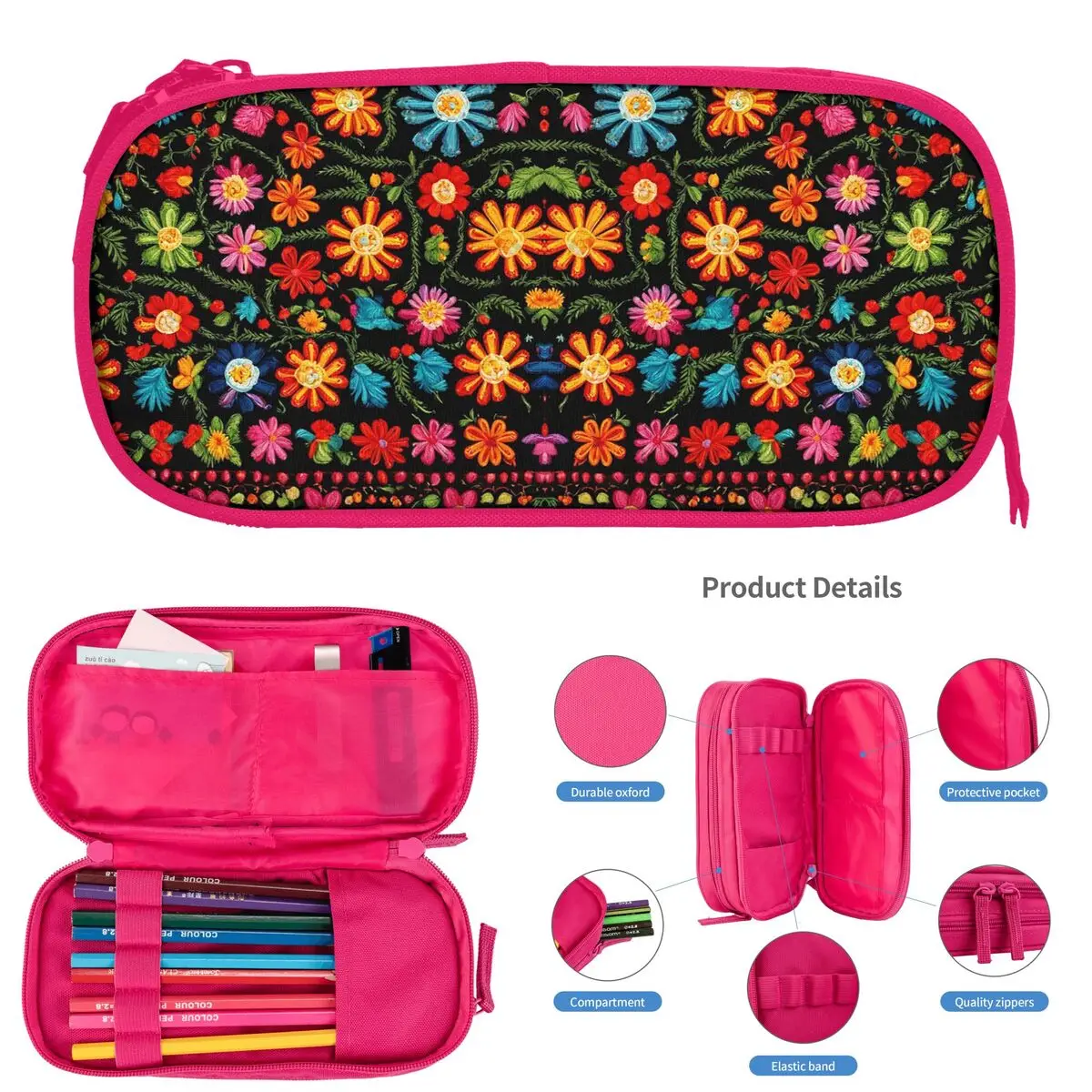 

Mexican Embroidery Floral Pencil Cases for Student School Pen Box Pencil Bag Big Capacity Pencil Pouch Pen Holder