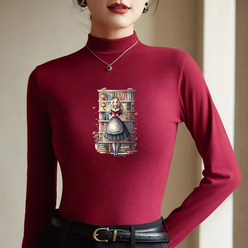 Winter Women's Thermal Brushed Fleece Half Mock Neck Long Sleeve T Shirt Fairytale Girl Bookshelf Graphic Warm Tee