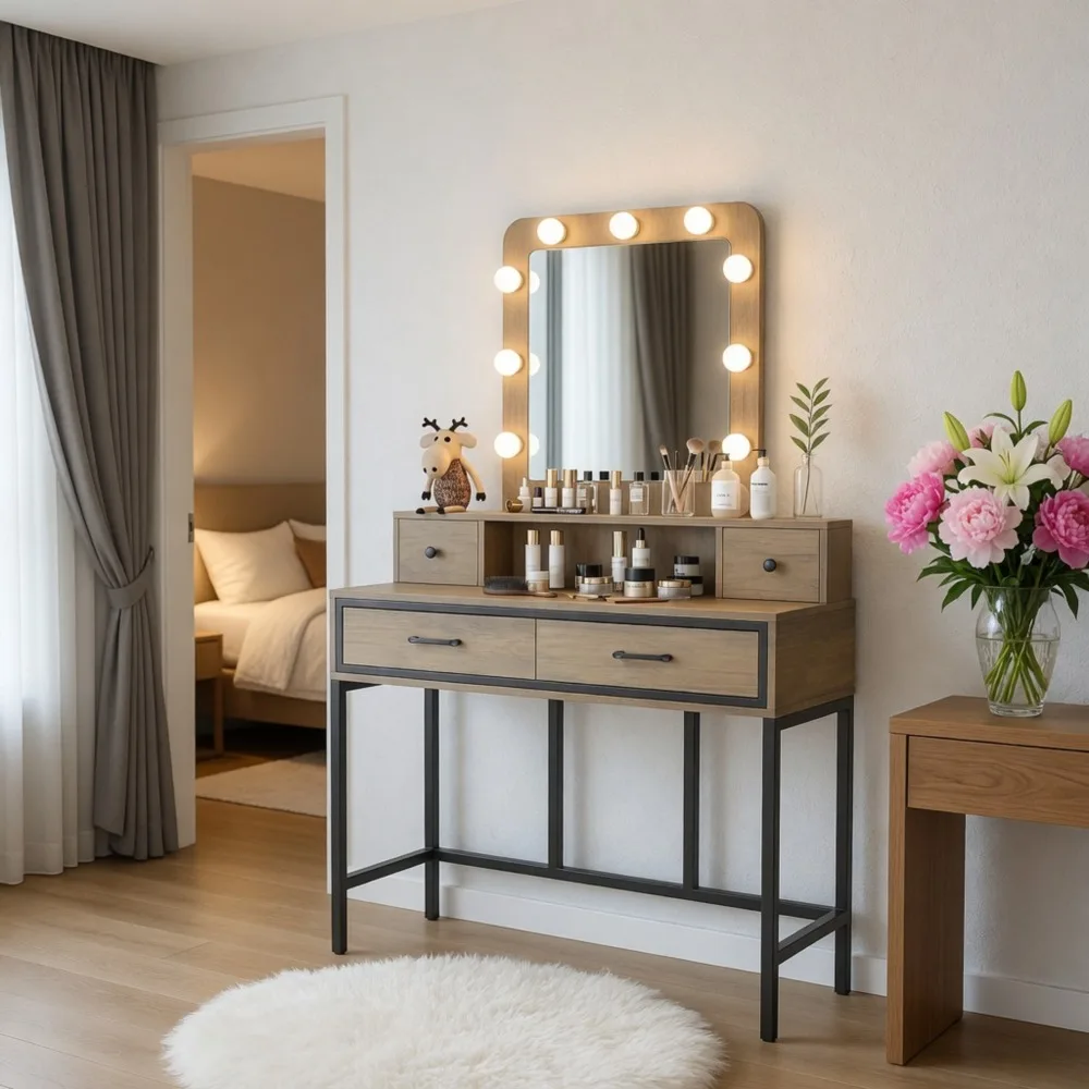 This Modern, Eco-friendly Brown Vanity Table Features A Durable, Transparent Tempered Glass Top, A Crystal-like Mirror with Three-color Backlighting, and Four Drawers for Flexible Storage of Various Beauty Products.