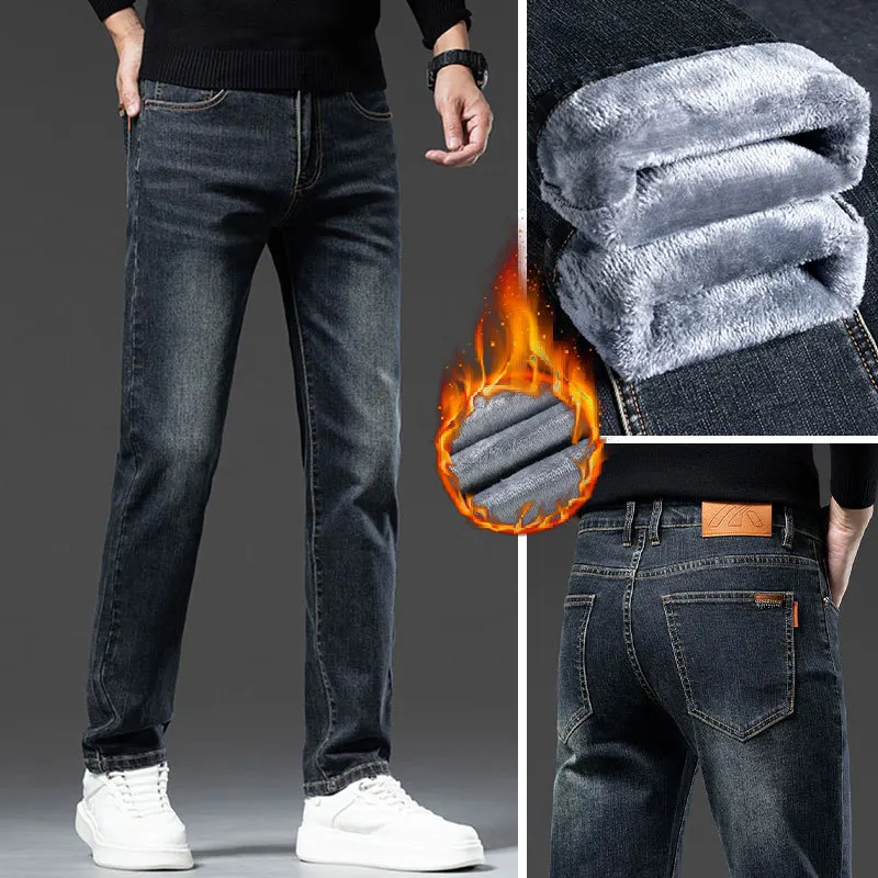 2024 New Winter Fleece-lined Thick Jeans High-End Island Velvet Slim Straight Warm Anti-Freezing Cold-Resistant Trousers