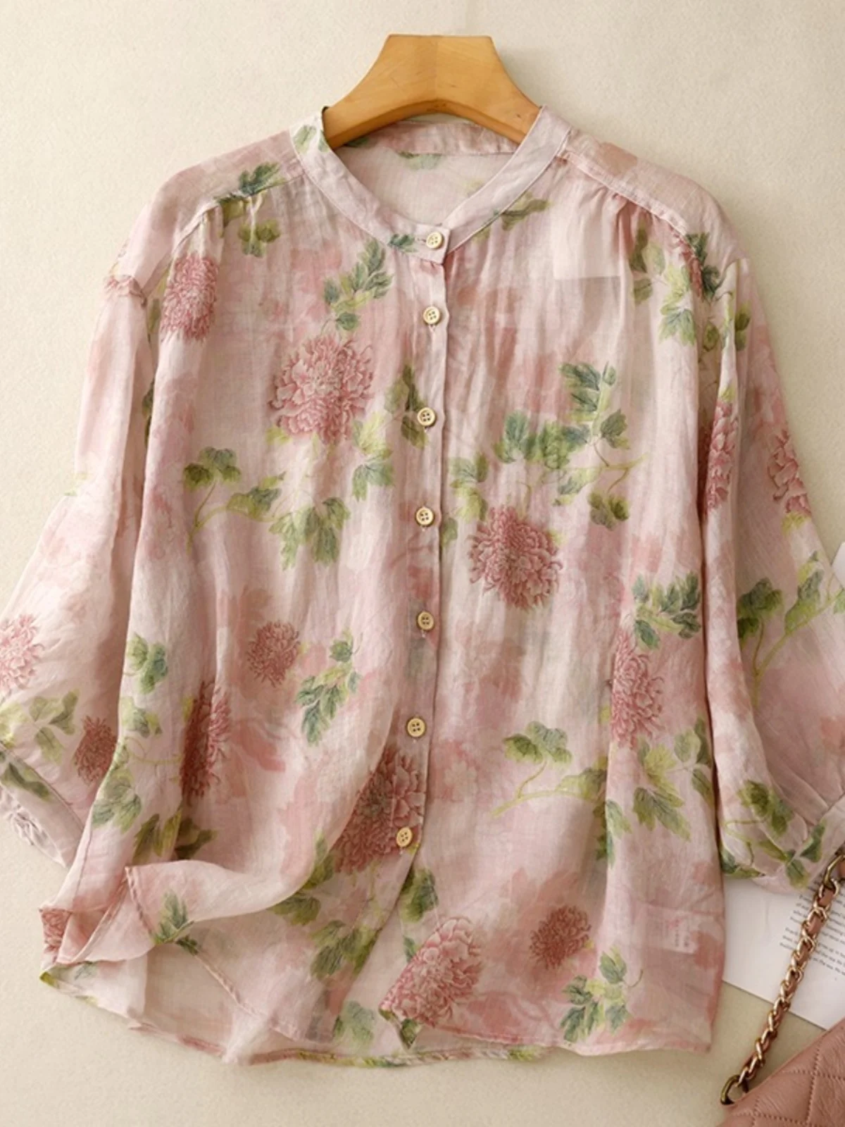 

Retro Sle Printed Cotton Linen irt Women Summer Ele Artistic Loose Casual Tee Quarter Sve Thin Linen Top