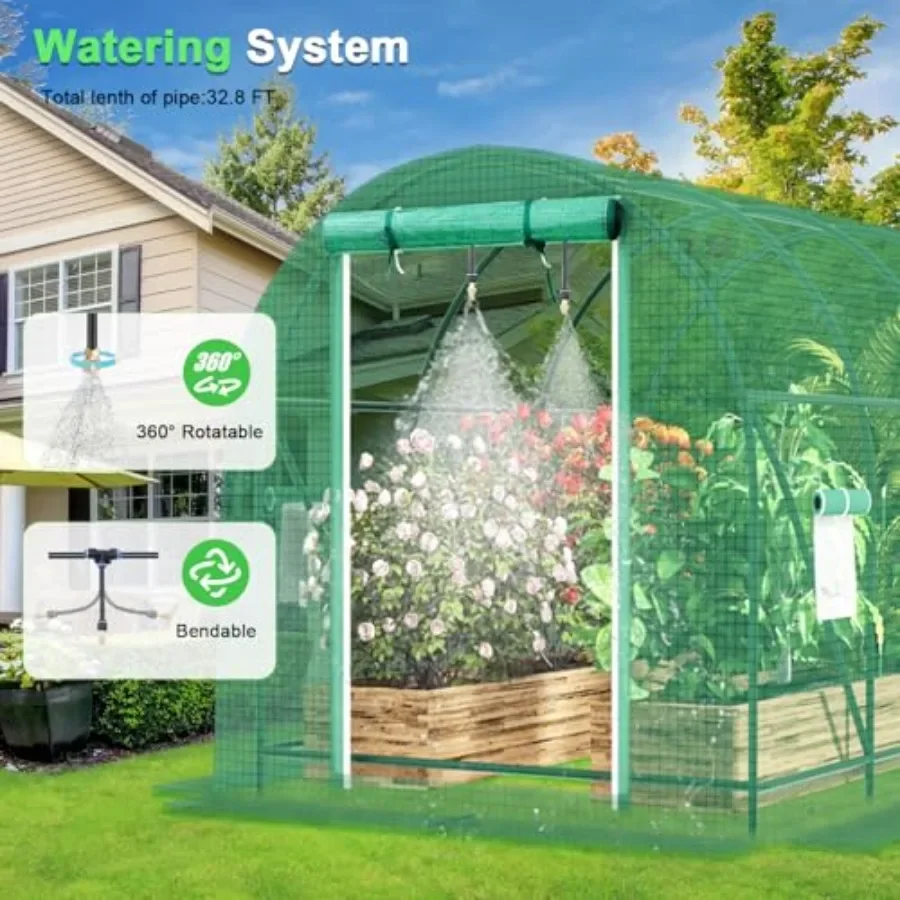 Outdoor 7-foot greenhouse with heavy-duty reinforced frame, green color, integrated watering system, dual zippered door, and 6