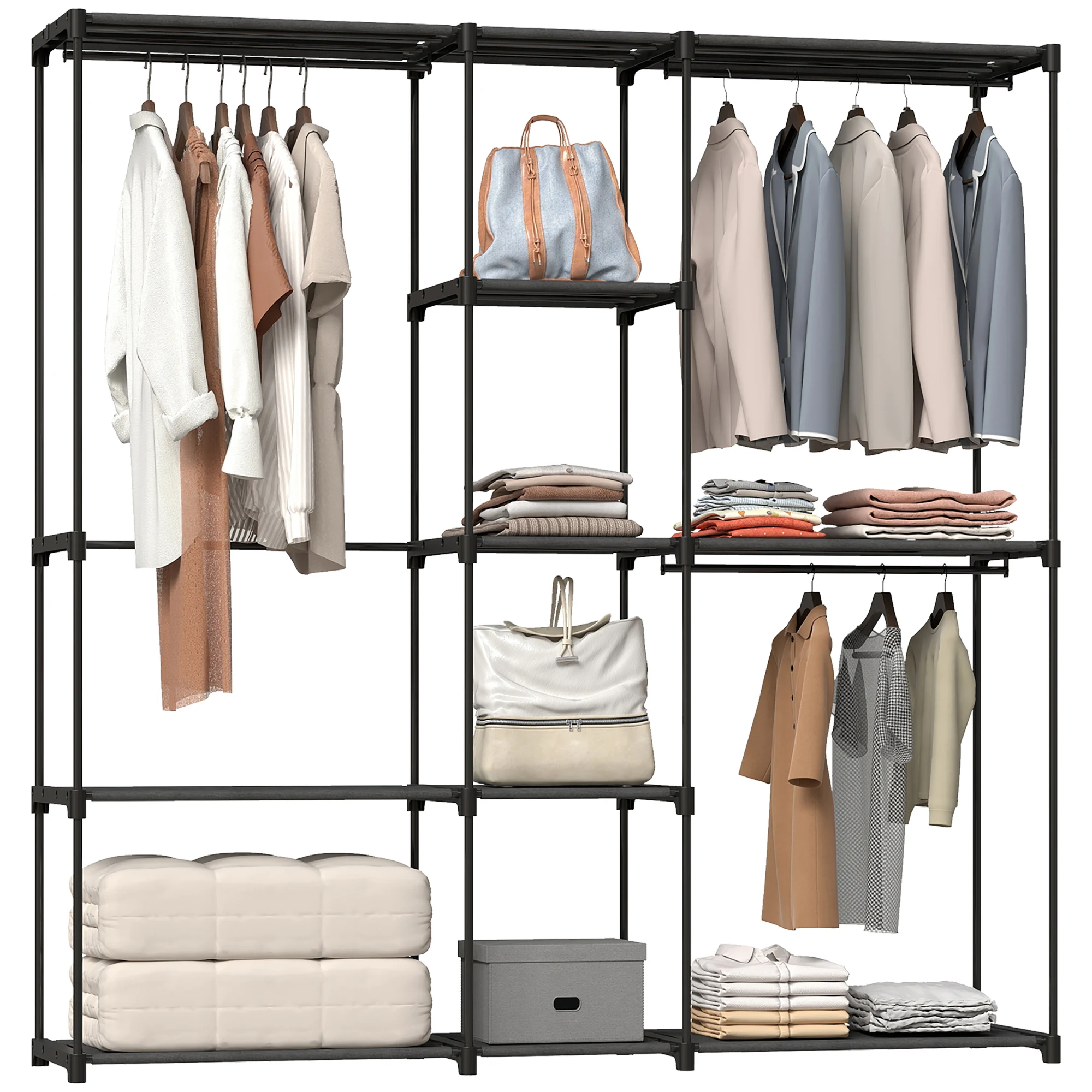 HOMCOM Armario de Ropa 182x43x185 cm Armario Abierto con 8 Estantes de Tela Barras para Colgar Marco de Metal