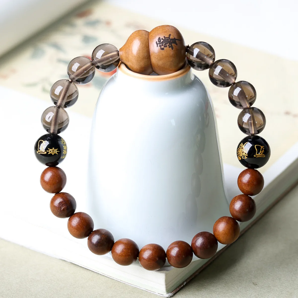 Single Loop Lightning Stricken Jujube Wood Prayer Beads Bracelet with Lightning Marks Calabash Obsidian Beads Gifts