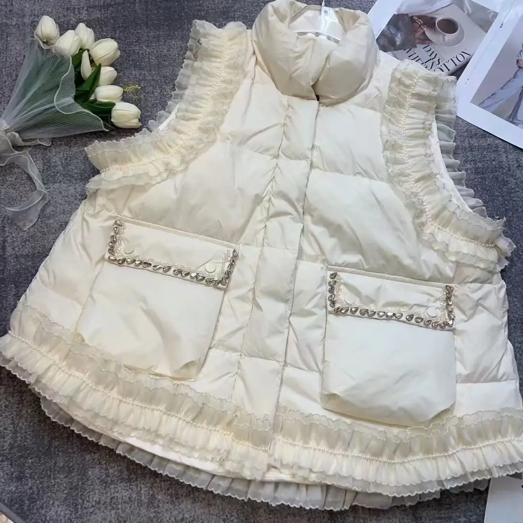 

Свободный женский жилет на осень-зиму, хлопковая верхняя одежда в корейском стиле 2024, с кружевной отделкой, А-образный подол юбки, открытая передняя молния