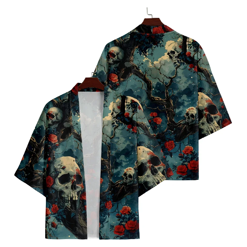 

Модный кардиган, топы 4XL, 5XL, 6XL, уличная одежда, череп, розовый принт, японский хаори, летнее кимоно для мужчин и женщин