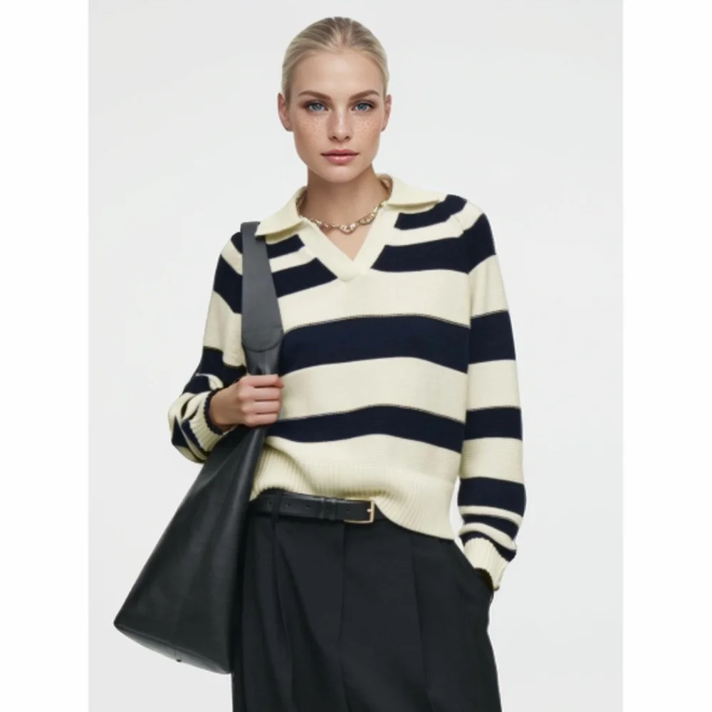 Cos Lris loose casual sports style lapel striped knitted long sleeved sweatshirt autumn new item women's clothing 1248302001