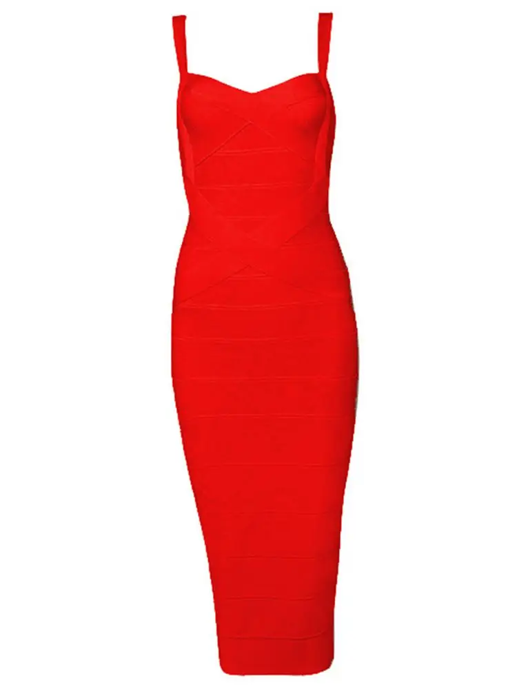 Nieuwe 2026 Dames Sexy Celebrity Midi Rood Wit HL Elastische Bandage Jurk Spaghettiband Club Bodycon Party Jurk Groothandel HL434