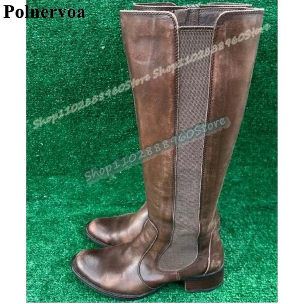 

Knee High Brown Elastic Splicing Leather Boots Flats Shoes For Women Side Zipper Round Toe Fashionable 2026 Zapatos Para Mujer