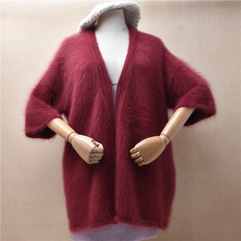 Ladies Women Fall Winter Clothing Hairy Mink Cashmere Knitted Half Sleeves Loose Cardigans Angora Fur Jacket Sweater Coat Pull