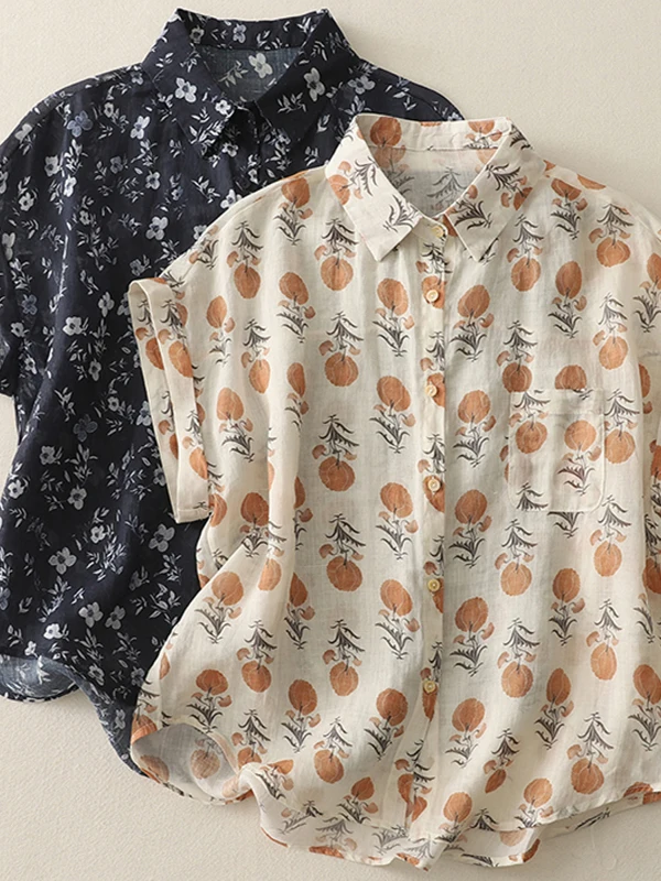 Retro Print ort Sve Damska Letnia Artystyczna Luźna Koszula z Lnu Rozpinana Modna Oddychająca