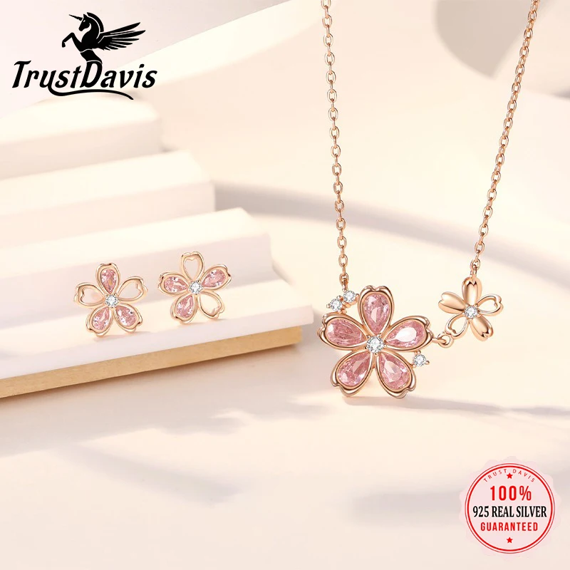 

TrustDavis 925 Sterling Silver Women's Fashion Sweet Sakura Earrings and Necklace Set for Women Girls Jewelry Gift DS4378