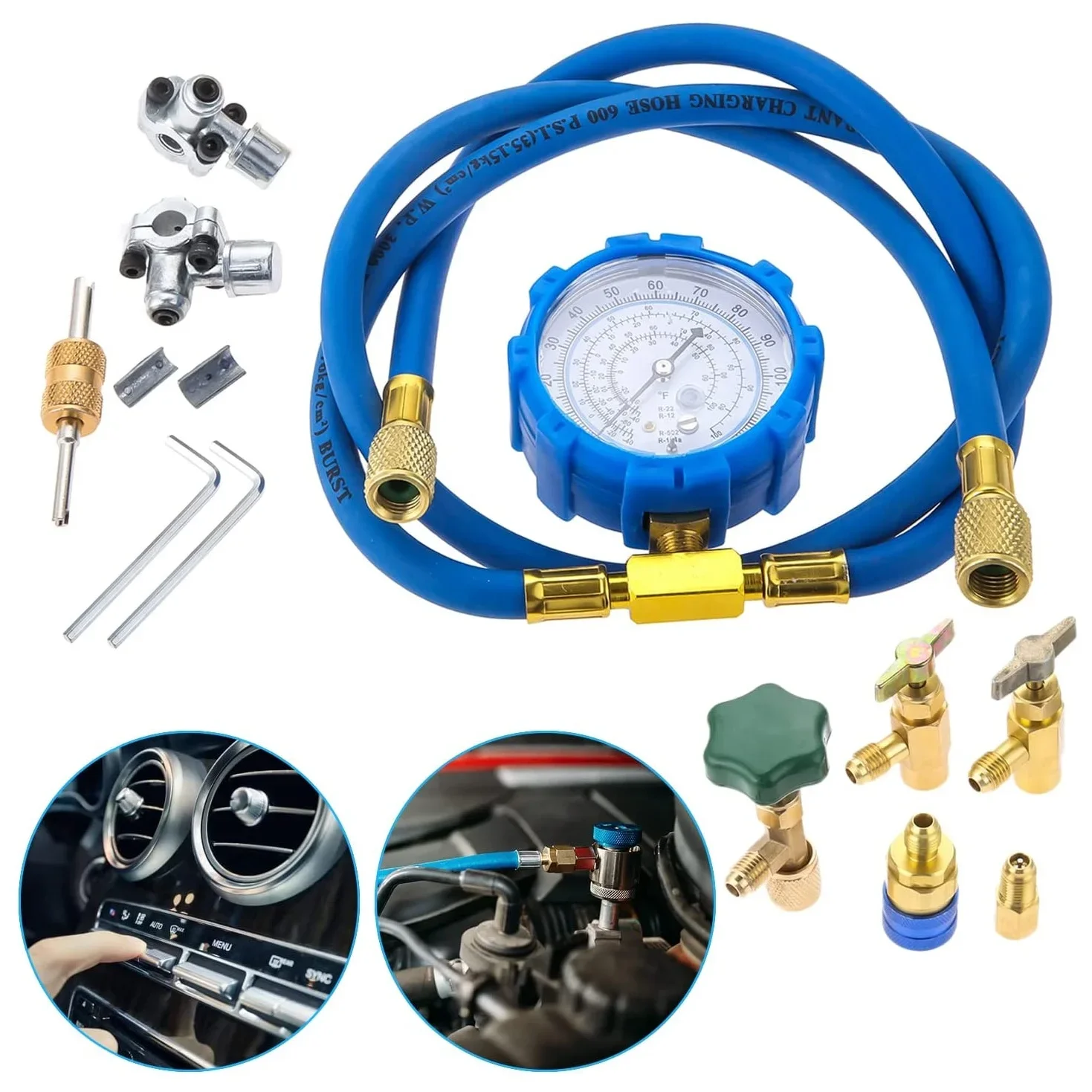 A/C R134A Refrigerator Freon Recharge Kit,Self-Sealing Can Tap,BPV31 Bullet Piercing Valve,Quick Coupler,Valve Core Remover Tool