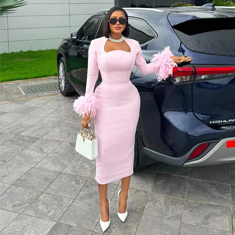

Women Square Collar Feather Sleeve Bodycon Dress Sweet Wedding Guest Long Sleeve Pink Midi Dresses Casual Slim Female Dress