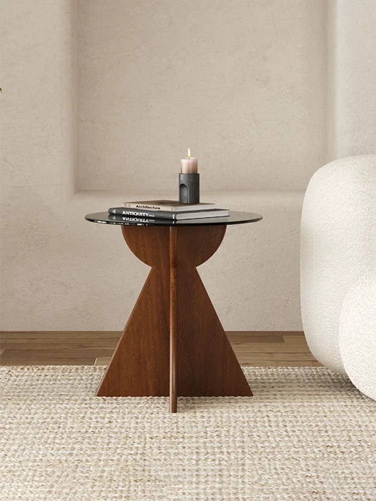 Modern simple small coffee table tempered glass solid wood round table side cabinet living room sofa corner table