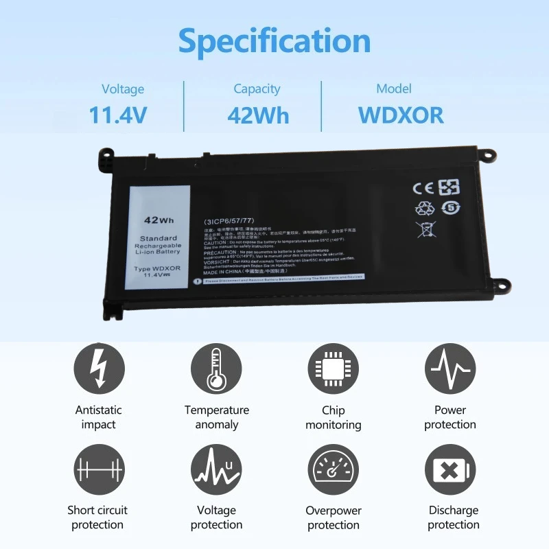 11.4V 42Wh 3700mAh Laptop Battery WDXOR  for Dell Inspiron 13 14 15 17 5000 7000 P69G001 5378 5379 5770 5570 P69G Vostro 5471