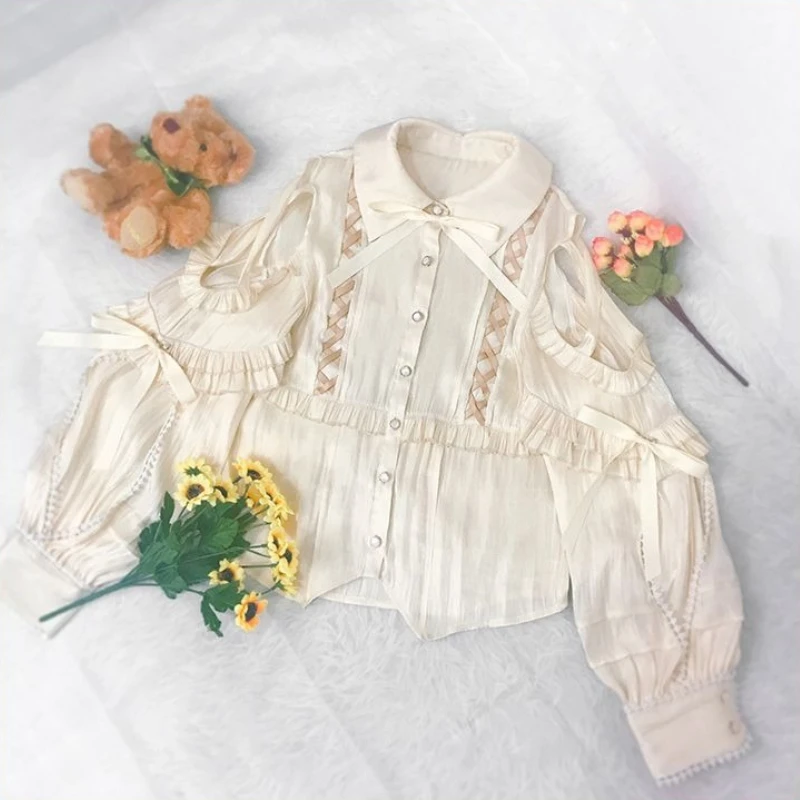 

Винтажные женские блузки в стиле Лолита: элегантные, с открытыми плечами, бантом и длинными рукавами-фонариками, в стиле Харадзюку Y2K