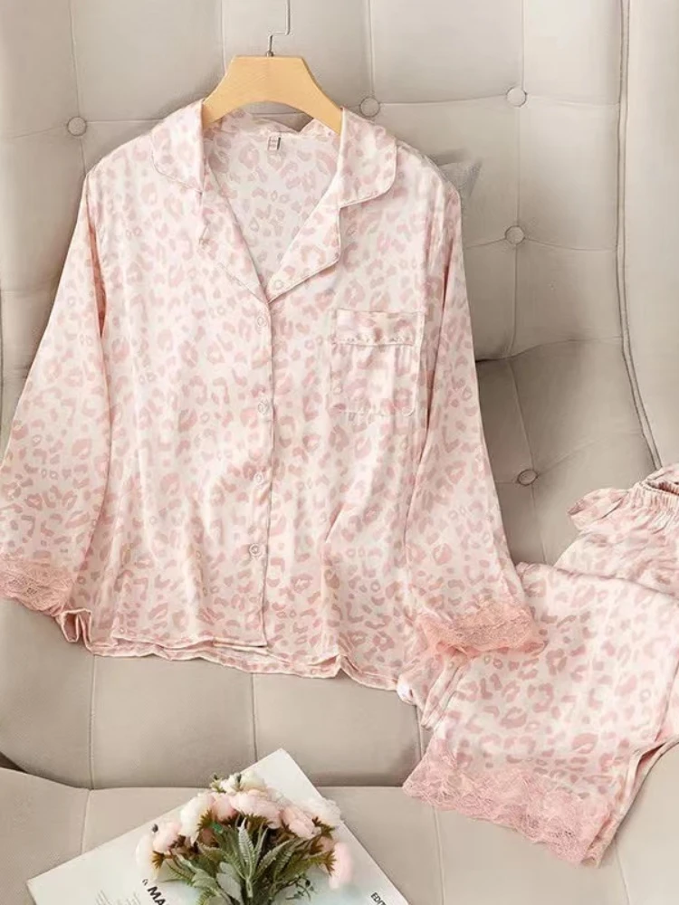 Women Sleepwear Set Autumn Pajama Set Turn Down Collar Faux Silk Satin Lace Long Sleeve Pink Leopard Female Pijama Home Wear