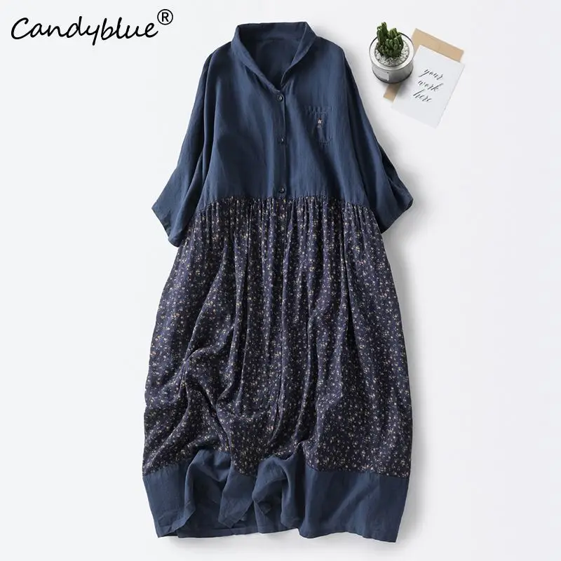 

Fragmented Blossom Long Dress Women's New Summer 2023 Dark Blue Half Open Neck Loose Fitting Robe Retro Embroidery Fashion Dress