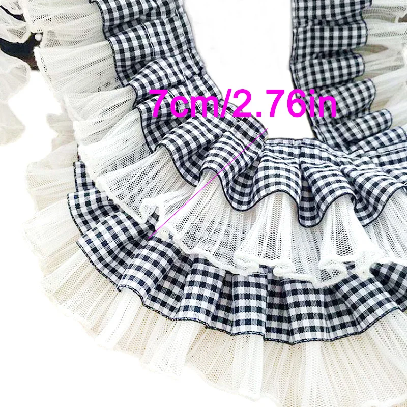 1Yard White Black Plaid Pleated Ribbon Embroidery Lace Fabric Handmade Sewing Clothes Garment Collar Trims Decor Accessories