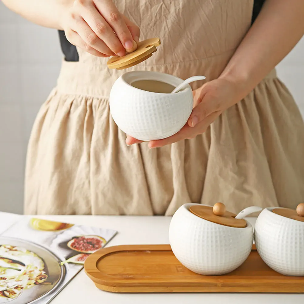 

Ceramic Spice Storage Set Oil Resistant Wooden Cover Seasoning Jars Kitchen Supplies Condiment Canisters Multi