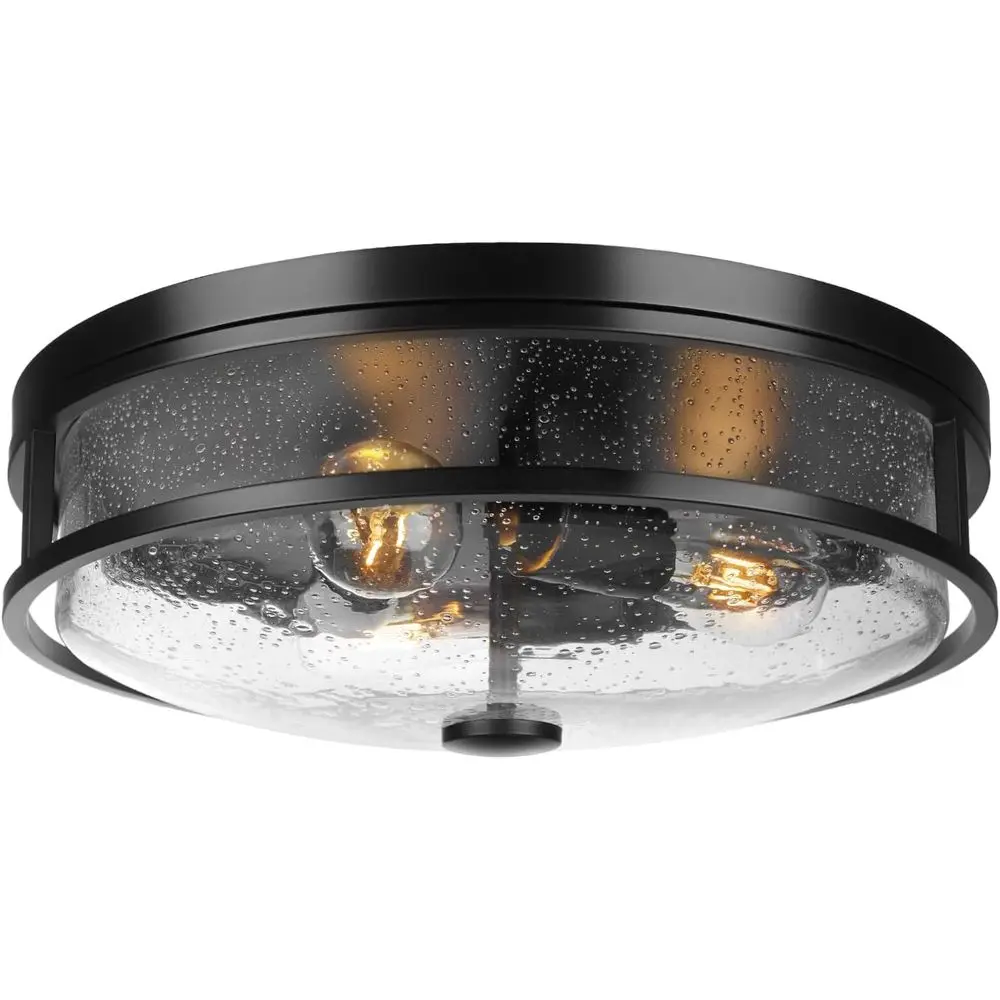 

16 Inch Seeded Glass Ceiling Light with Black Shade, Suitable for Indoor and Outdoor Spaces, Ideal for Kitchen, Dining, and Livi