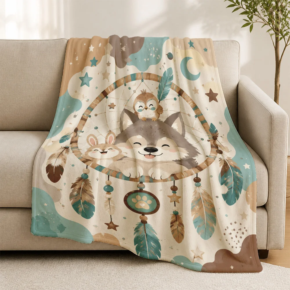 Cute Boho Woodland Fox Owl Throw Blanket Celestial Stars Moon Animal Pattern Cozy Knit Sofa Throw for Living Room Autumn Fall De