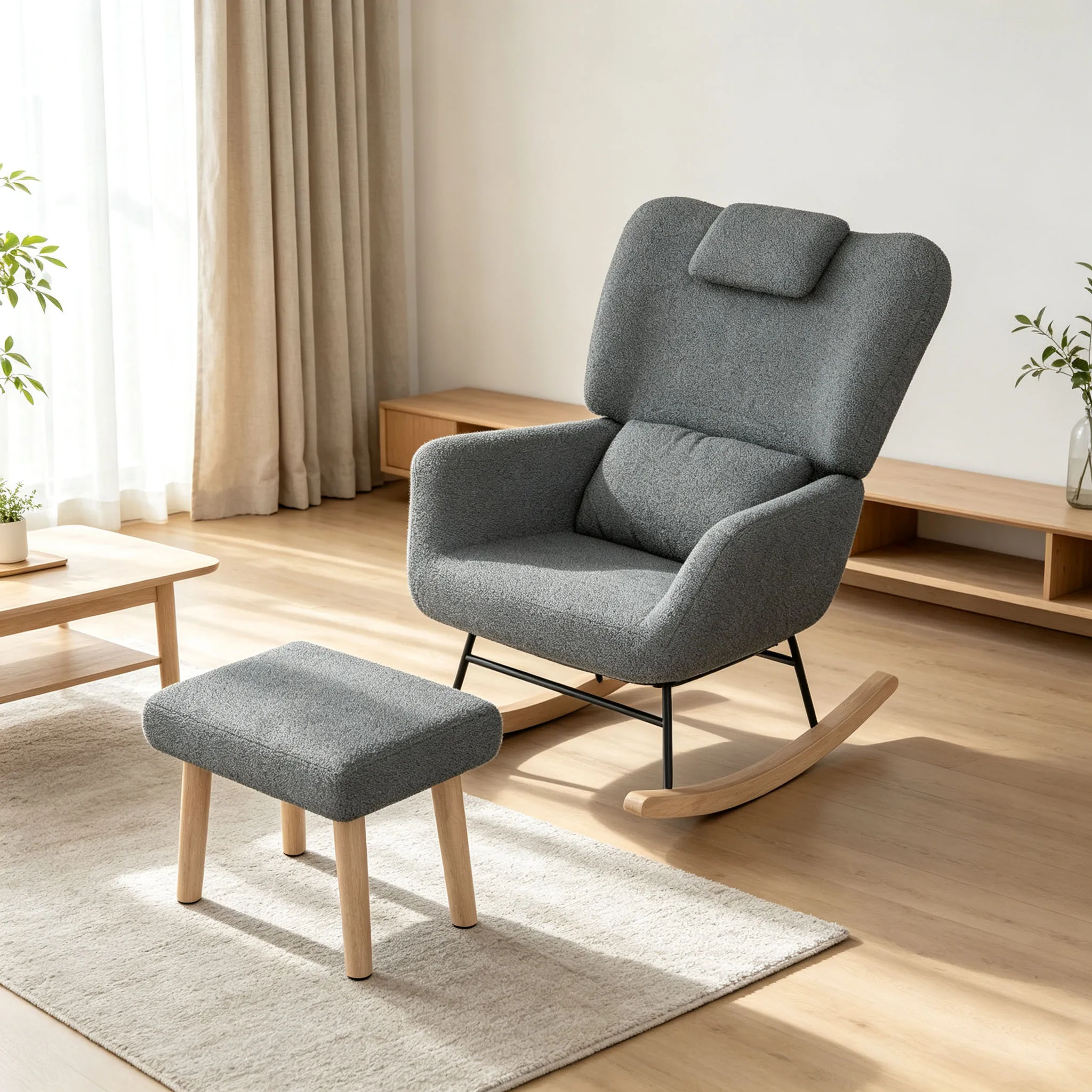 Superaly, tapicerowany fotel bujany z podnóżkiem, miękki materiał teddy fleece, wyściełany fotel bujany, pojedynczy fotel wypoczynkowy do sypialni, salonu, mieszkania, mebel dekoracyjny do domu.