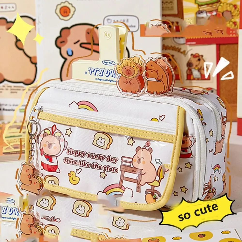 Large-capacity Capybara Pencil Bag Multi-storey Storage Box Capybara Pen Pouch Animal Canvas Cartoon Pen Bag School Supplies