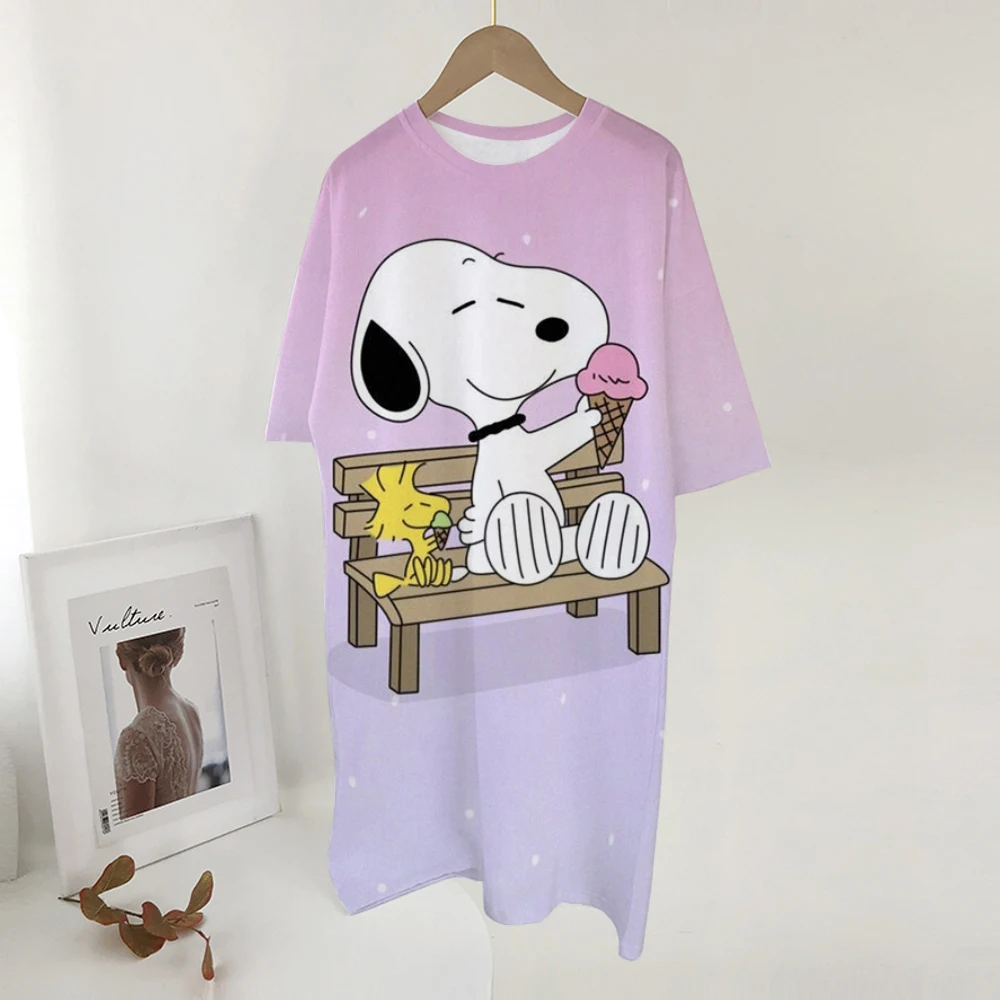 Dames zomer casual Snoopy print losse maat ronde hals korte mouwen T-shirt jurk nieuwe mode bedrukt rond
