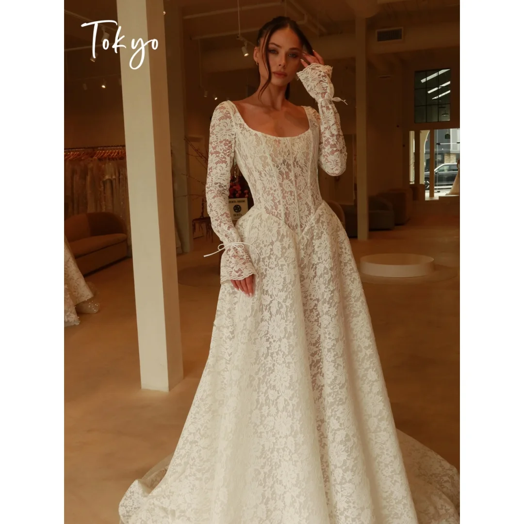 Tokyo Custom White Lace Square Neck Long Sleeve Wedding Dress A Line Floor Length Wedding Gown Elegant Formal Bridal Party Dress