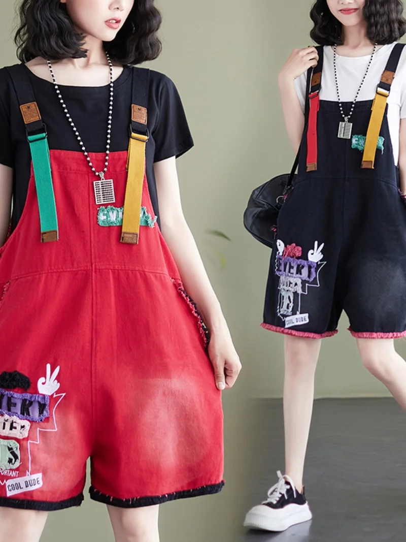 

Новые летние женские джинсовые комбинезоны большого размера с вышивкой в стиле пэчворк, брюки, комбинезон с высокой талией, джинсовая ткань глубокого цвета